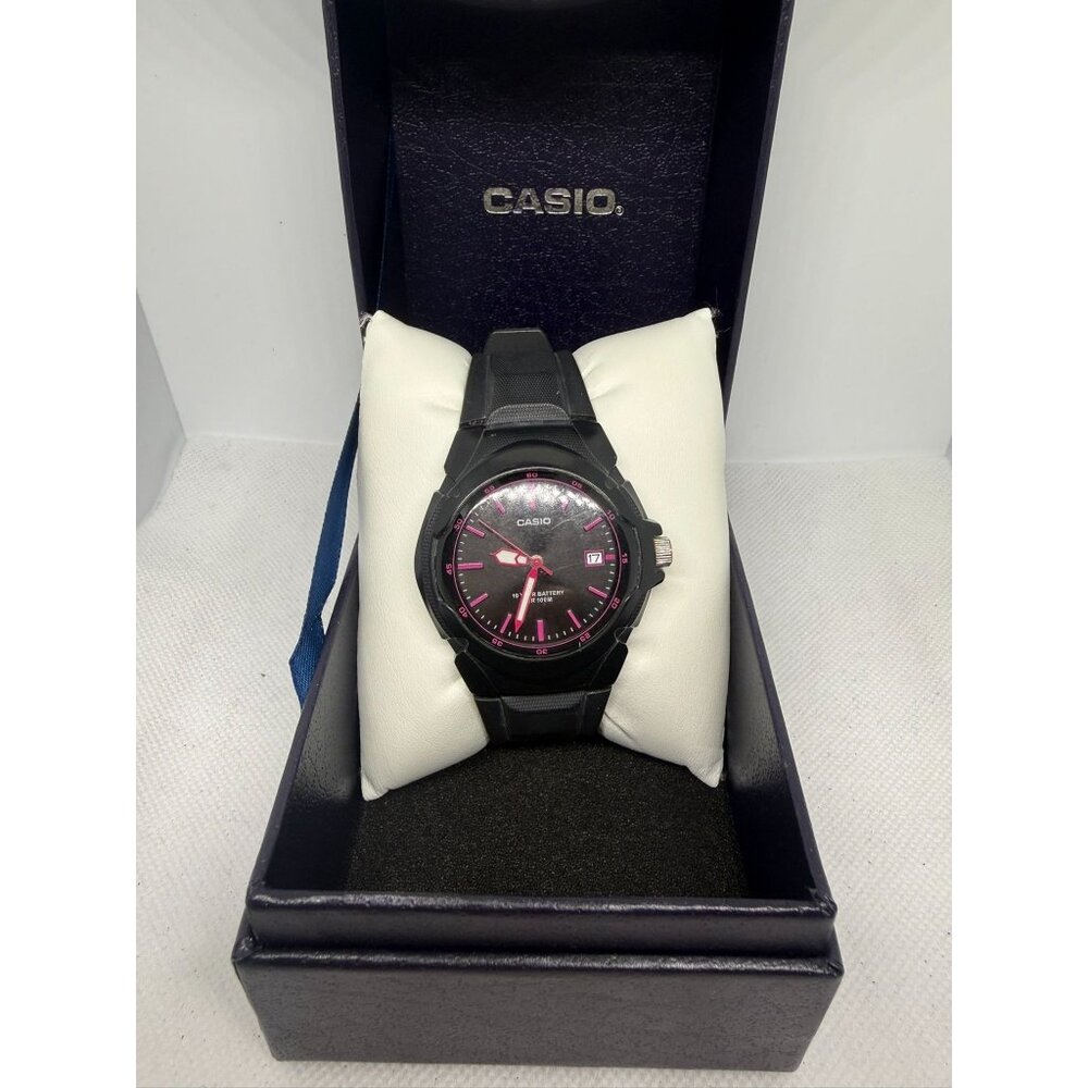 Casio Mens Black Resin Watch With Pink Accents & Date Display